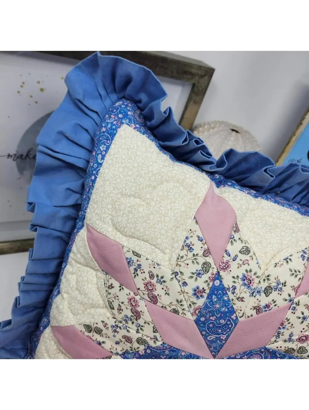Handmade Quilted Decorative Throw Pillow with Ruffled Edges 18 Inch